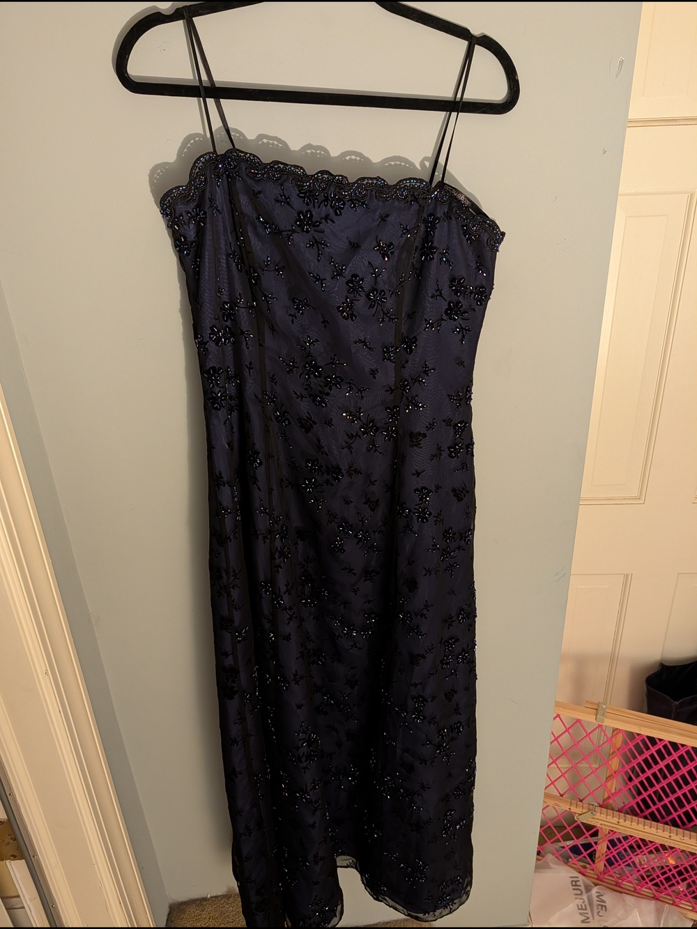Betsy & Adam Royal Blue and Black Beaded Evening Dress Y2K